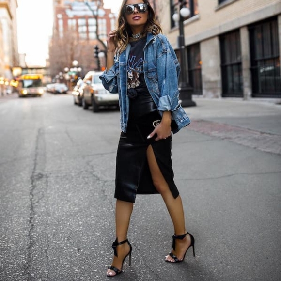 Zara Faux Leather Pencil Skirt Front  Slit Black - Picture 3 of 13